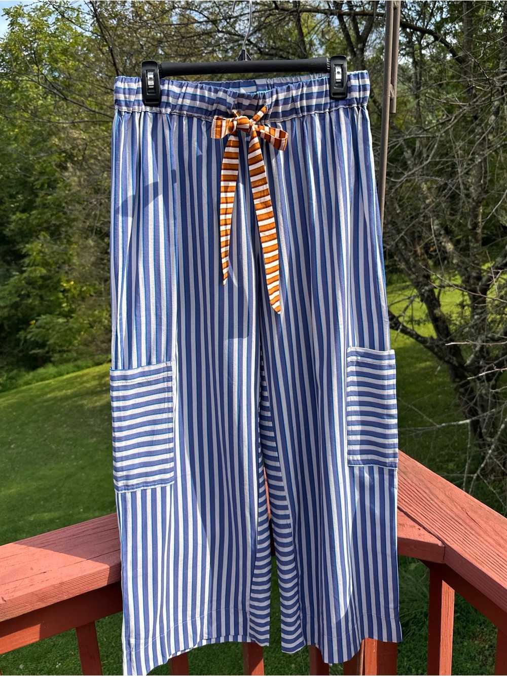 Blue & White Striped Wide-Leg Pants With Patch Pockets